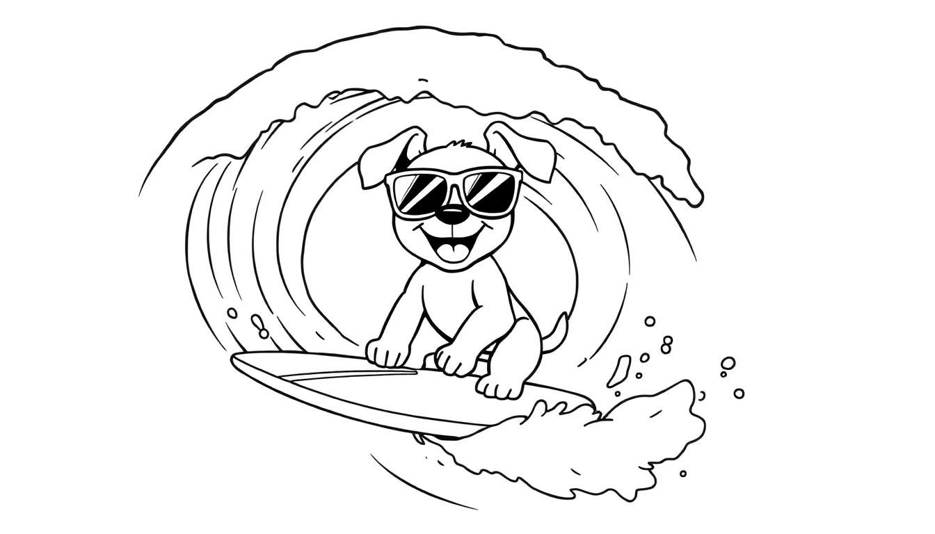 Placa de color de un perro surfista sonriente con gafas de sol.