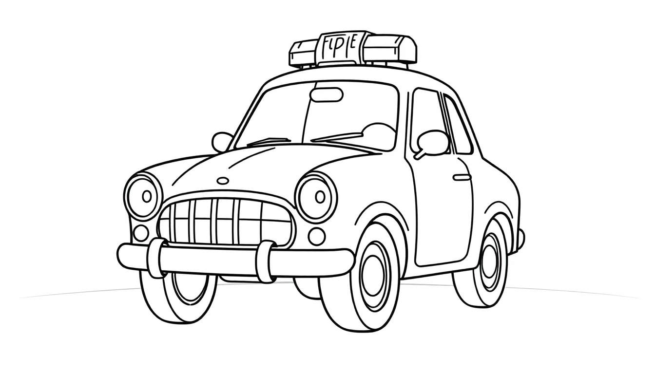 Un dibujo lineal de un coche de policía amigable con la placa de color en la parte superior.