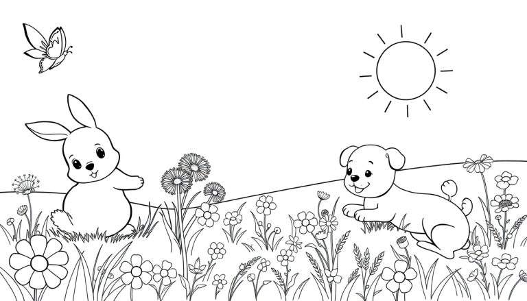 Placa de color de un conejo y un perro en un campo primaveral con flores.