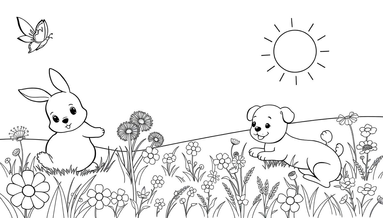 Placa de color de un conejo y un perro en un campo primaveral con flores.