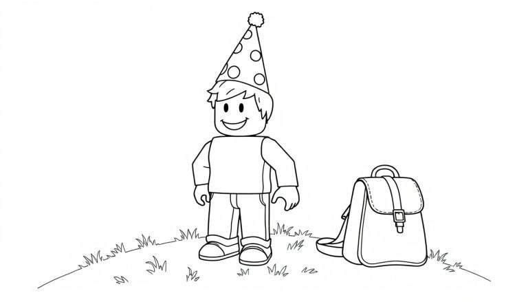 Personaje tipo Lego amigable con sombrero de fiesta de lunares y mochila, listo para colorear en una placa de color.