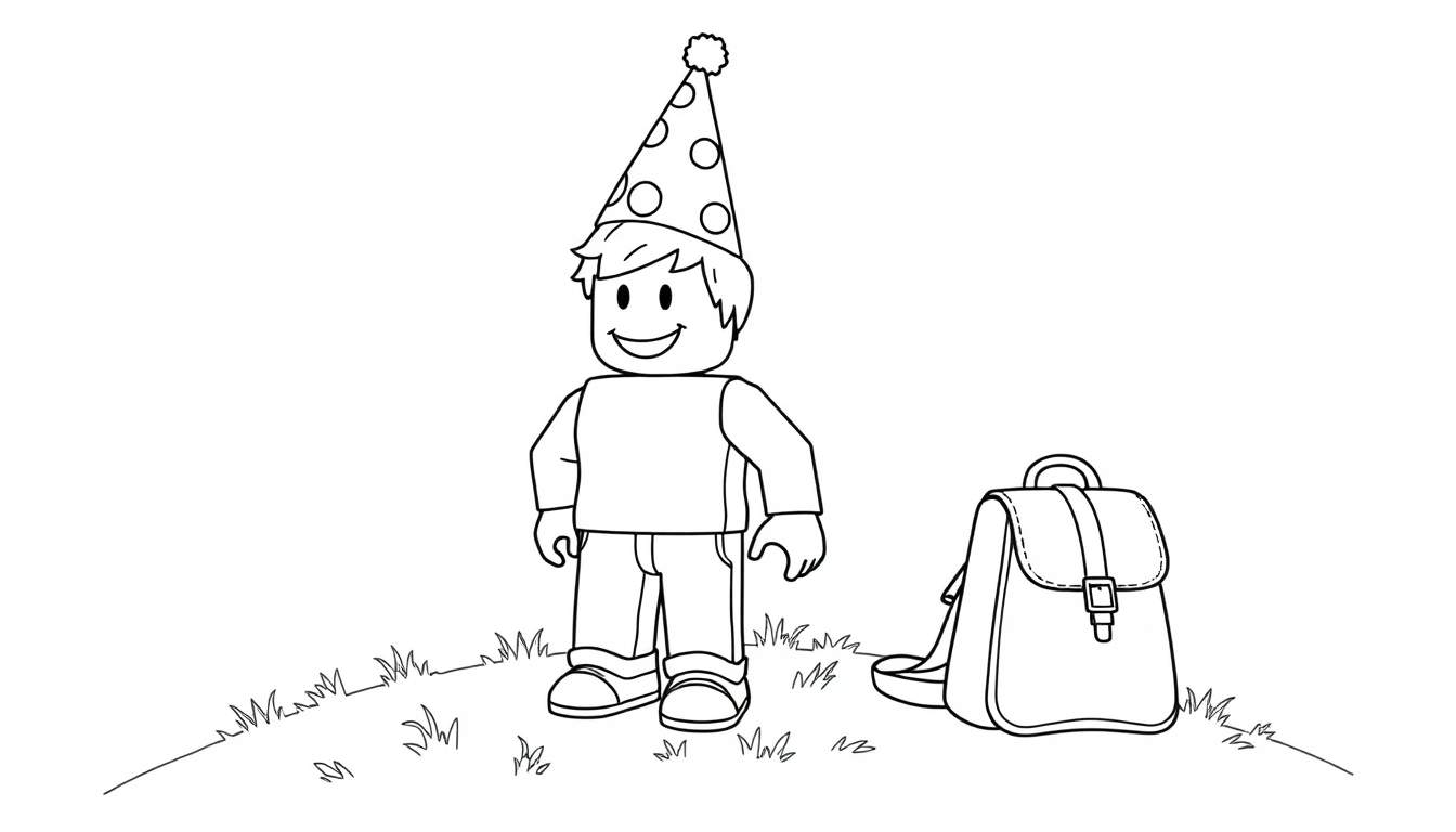 Personaje tipo Lego amigable con sombrero de fiesta de lunares y mochila, listo para colorear en una placa de color.