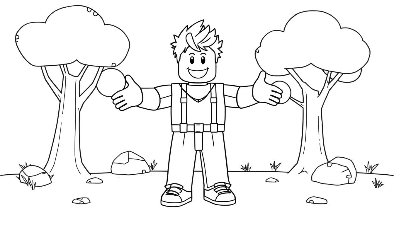 Personaje de Roblox estilo libro para colorear con esferas en las manos, junto a árboles y rocas.