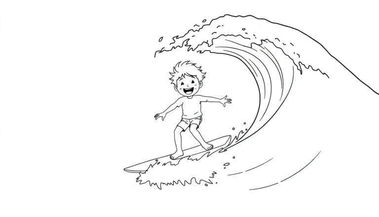 Niño surfeando una ola en una página para colorear, lista para la placa de color.
