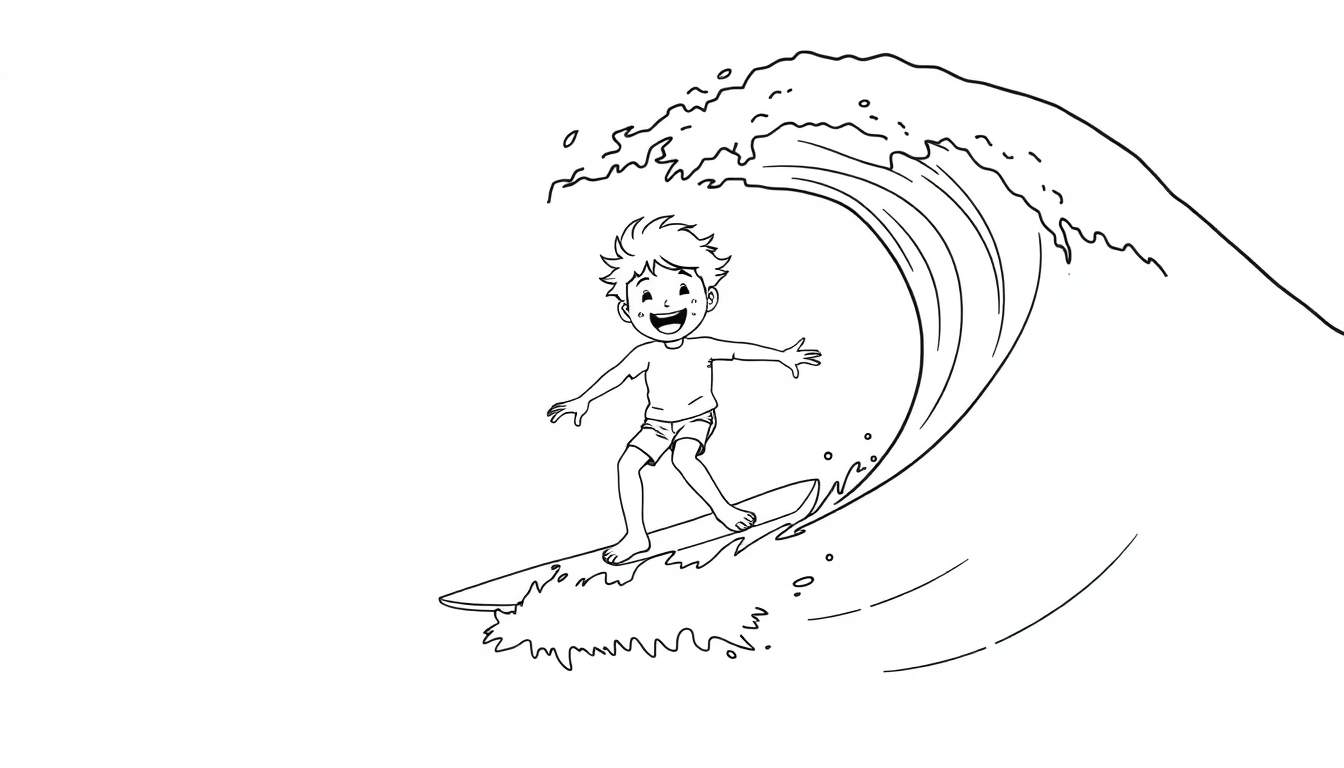 Niño surfeando una ola en una página para colorear, lista para la placa de color.