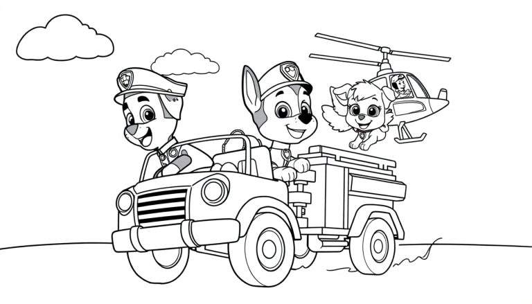Chase y Marshall en el todoterreno de la Patrulla Canina, con Skye volando en helicóptero, listo para colorear con la placa de color.