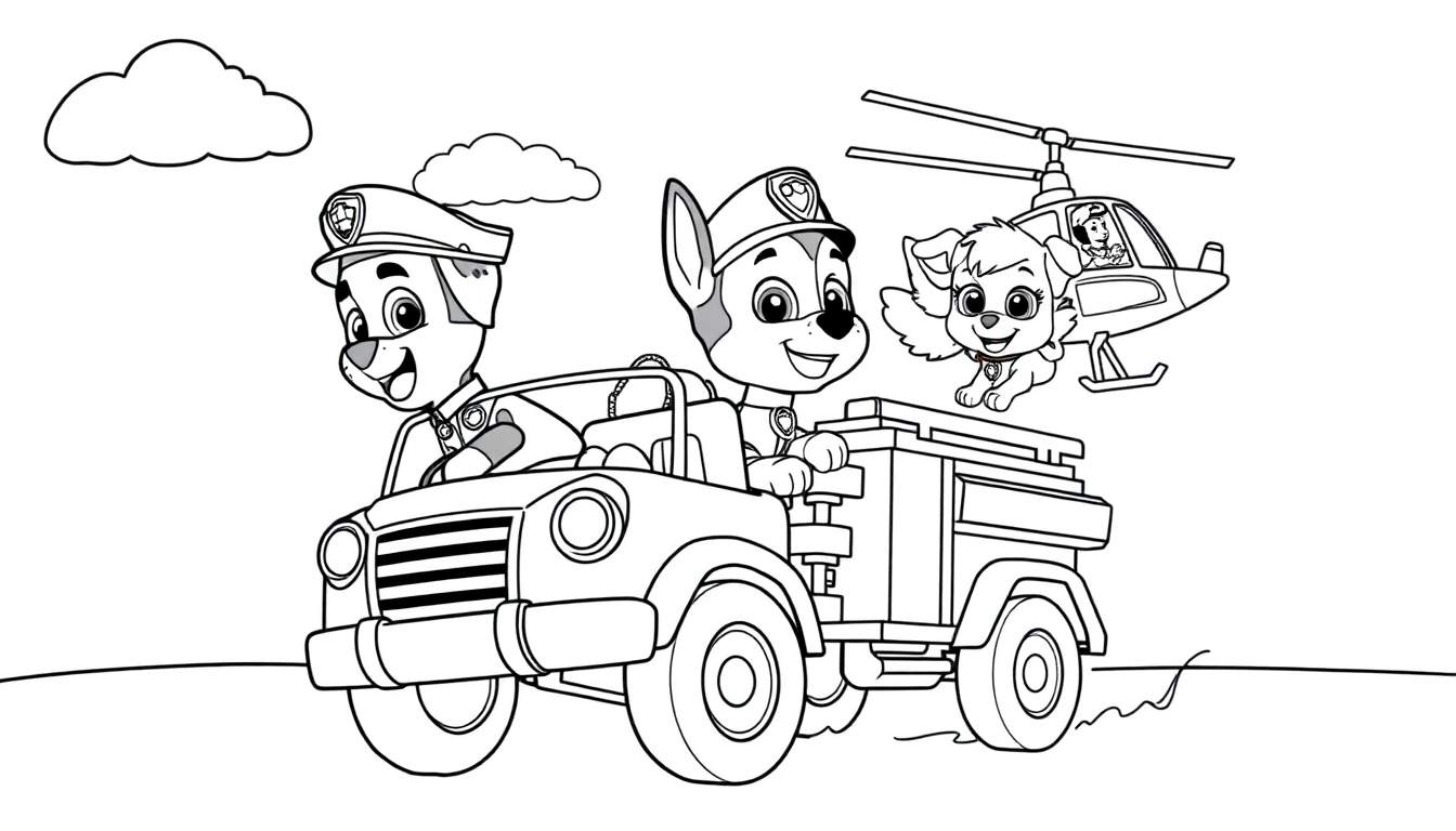 Chase y Marshall en el todoterreno de la Patrulla Canina, con Skye volando en helicóptero, listo para colorear con la placa de color.