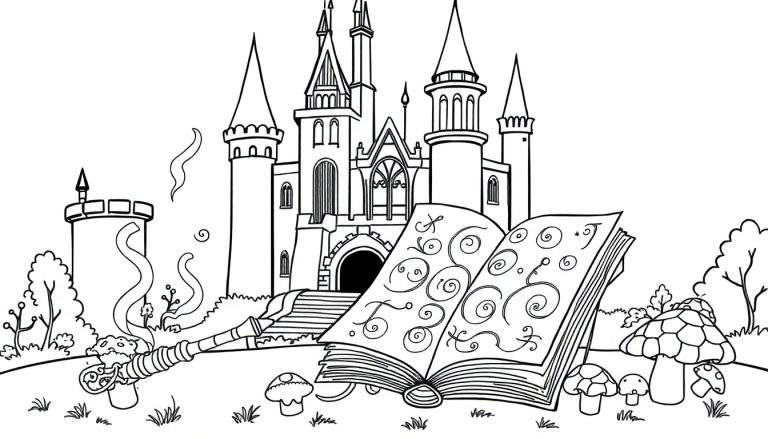Placa de color de un castillo de fantasía con un libro de hechizos y una varita humeante.