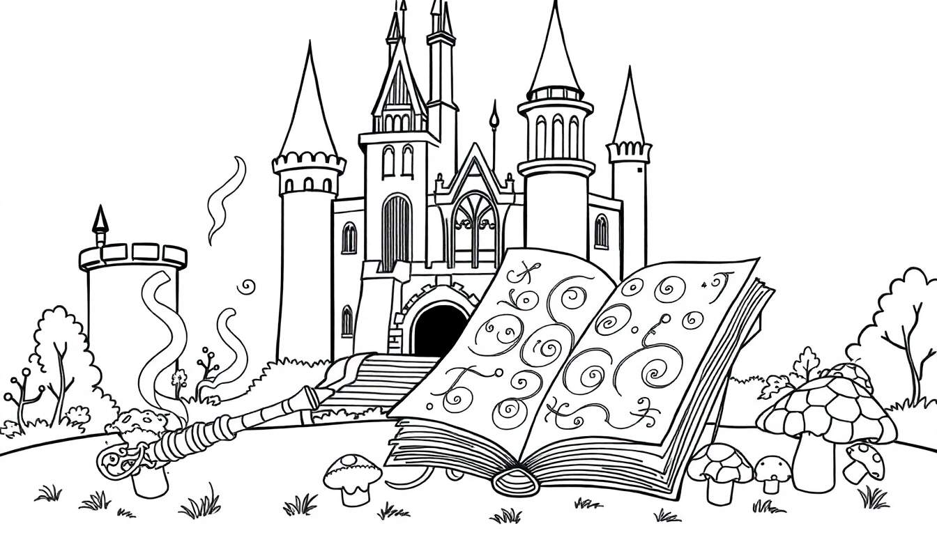 Placa de color de un castillo de fantasía con un libro de hechizos y una varita humeante.