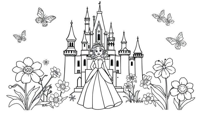 Placa de color de una princesa de dibujos animados frente a un castillo con flores y mariposas.