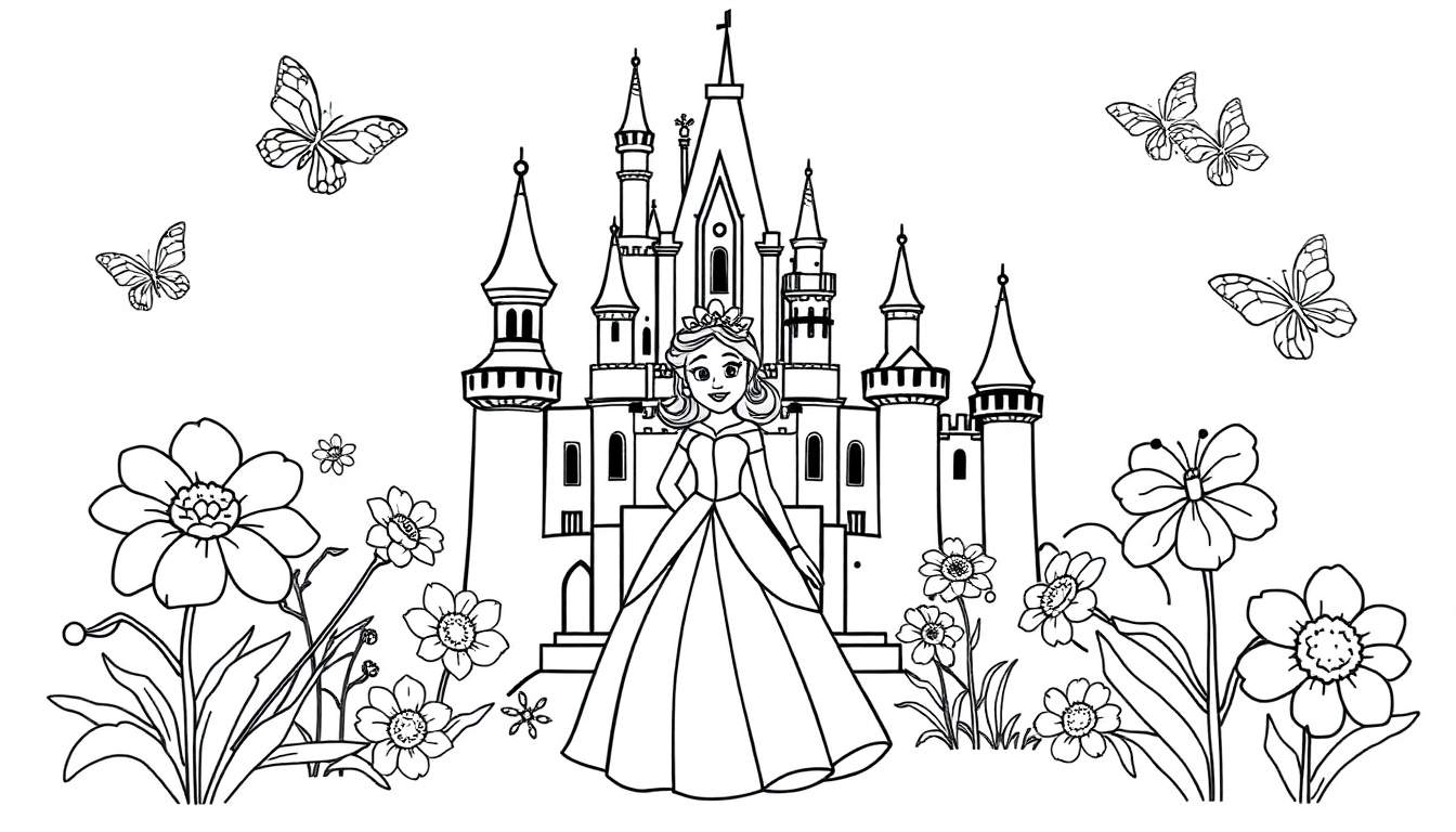 Placa de color de una princesa de dibujos animados frente a un castillo con flores y mariposas.