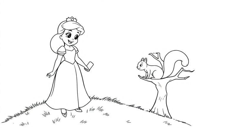Una princesa sonriente con una corona y un vestido, sosteniendo un objeto, sentada junto a un árbol con una ardilla sonriente, todo en un entorno natural, listo para ser coloreado.