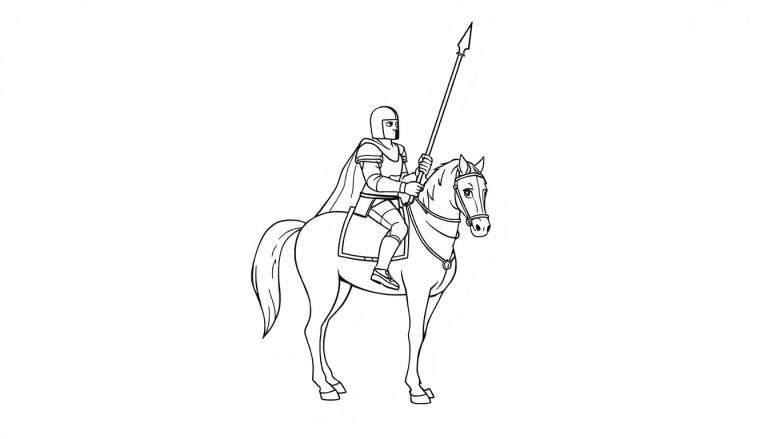 Caballero valiente con armadura completa en su caballo, listo para una aventura con una lanza, página para colorear en blanco y negro con placa de color.