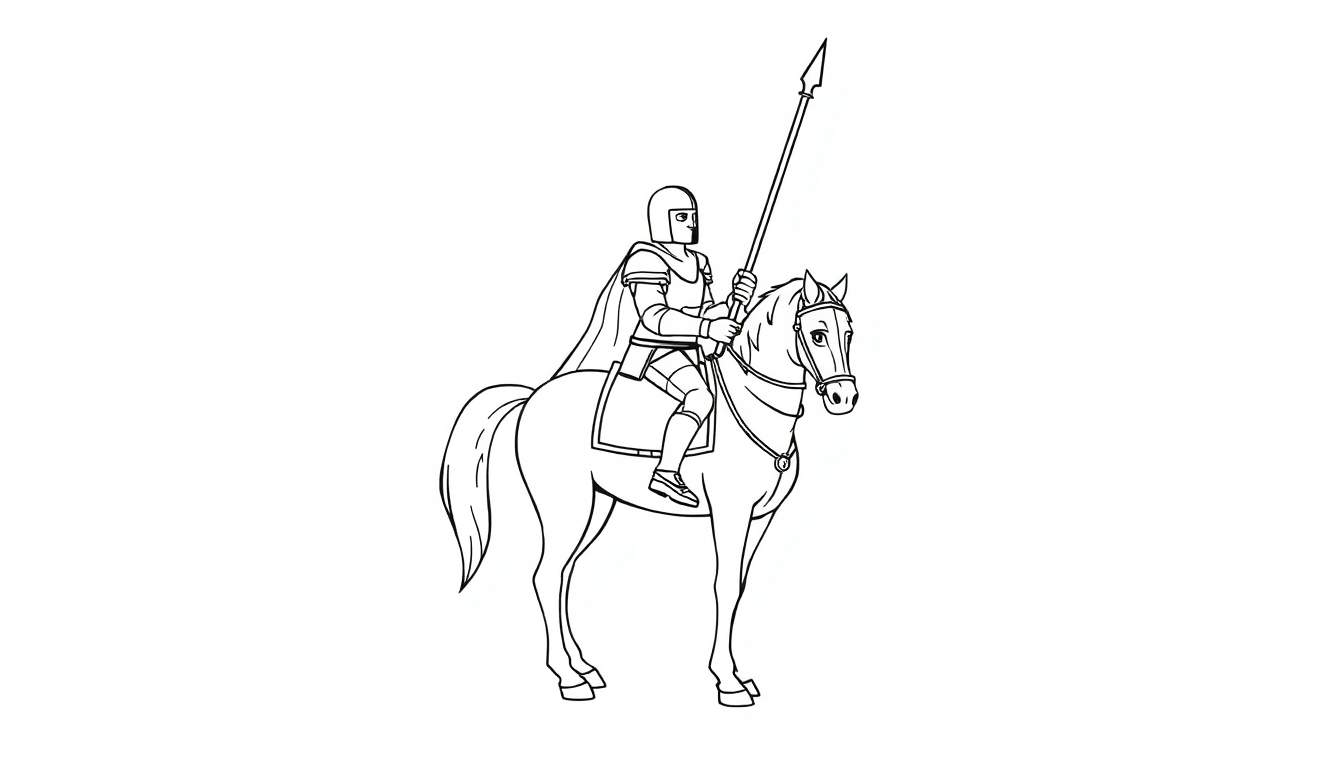 Caballero valiente con armadura completa en su caballo, listo para una aventura con una lanza, página para colorear en blanco y negro con placa de color.