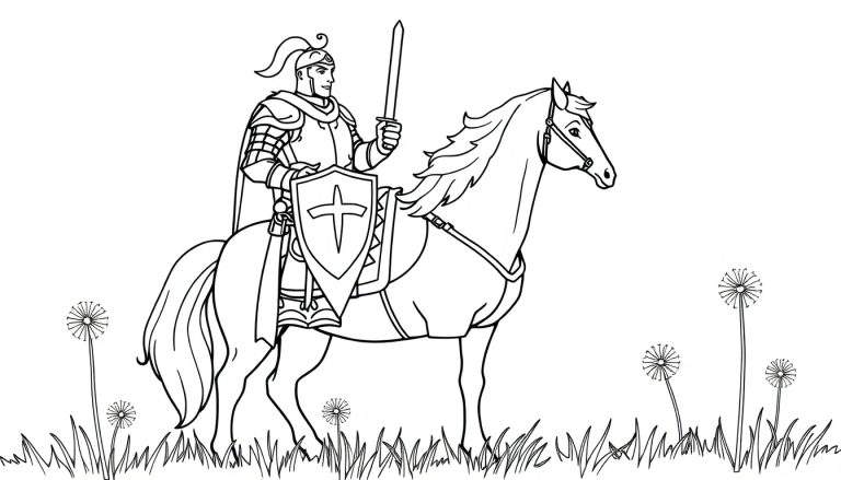 Caballero en armadura en un caballo, listo para colorear en la placa de color.