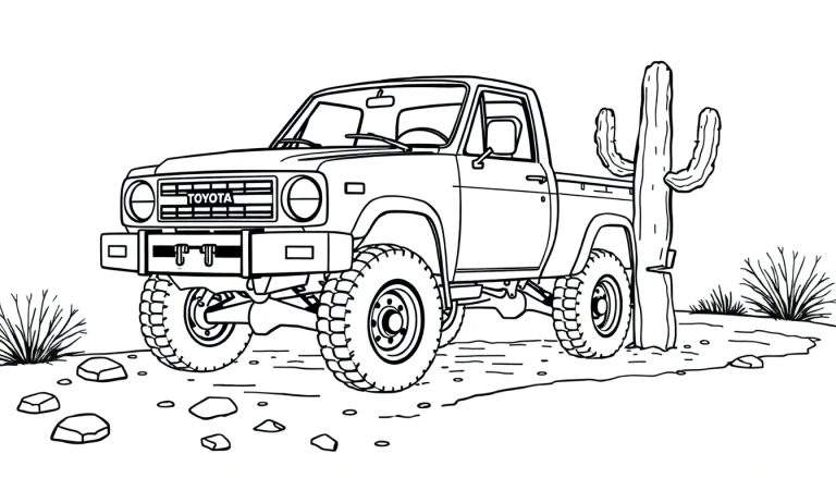 Una camioneta Toyota clásica en un desierto, lista para colorear con su placa de color.