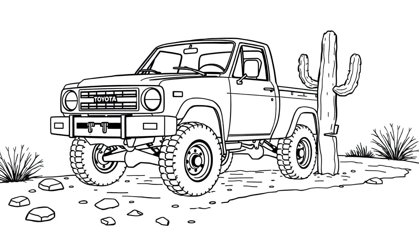 Una camioneta Toyota clásica en un desierto, lista para colorear con su placa de color.