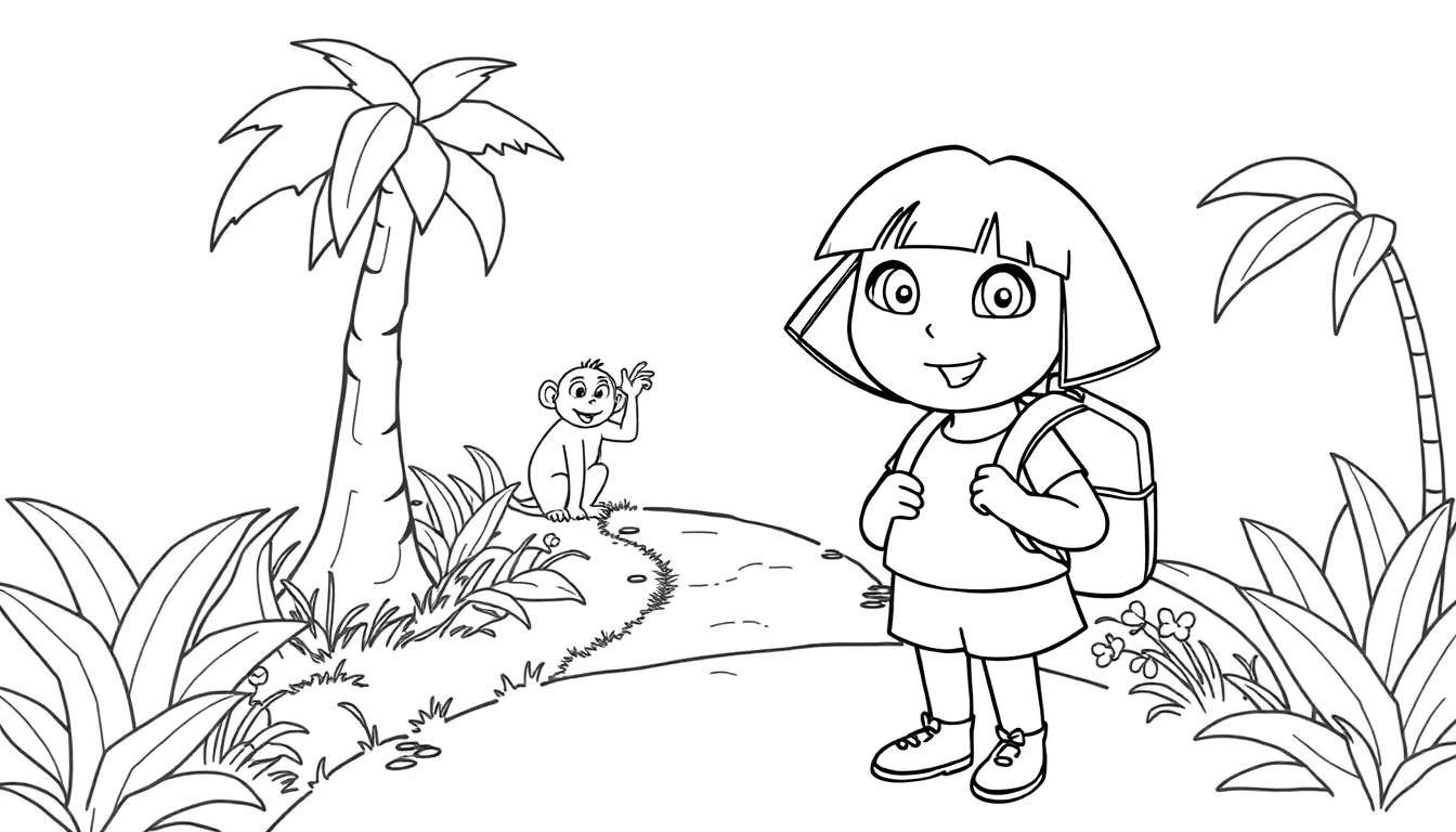 Dora la exploradora, con su mochila, lista para colorear en esta placa de color.
