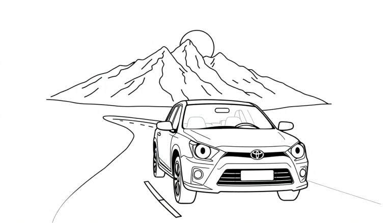 Coche Toyota listo para pintar, con una placa de color al lado, en una carretera hacia las montañas con el sol brillando detrás.