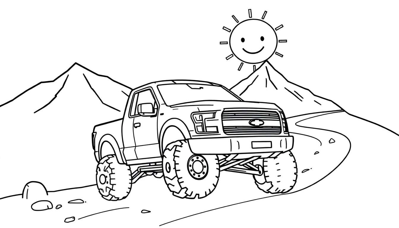 Placa de color de un camión monstruo Ford F-150 todoterreno en una montaña.