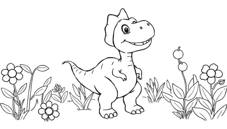 Placa de color de un dinosaurio feliz dibujado a mano rodeado de flores.