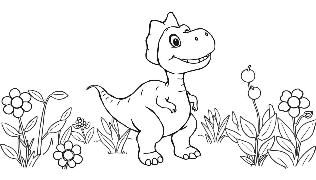 Placa de color de un dinosaurio feliz dibujado a mano rodeado de flores.