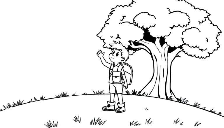 Niño listo para la aventura en un campo, con una placa de color en blanco y negro.