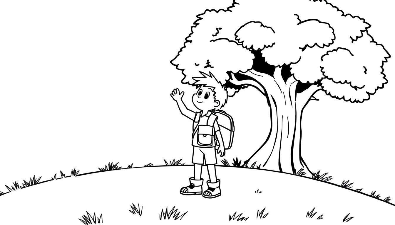 Niño listo para la aventura en un campo, con una placa de color en blanco y negro.