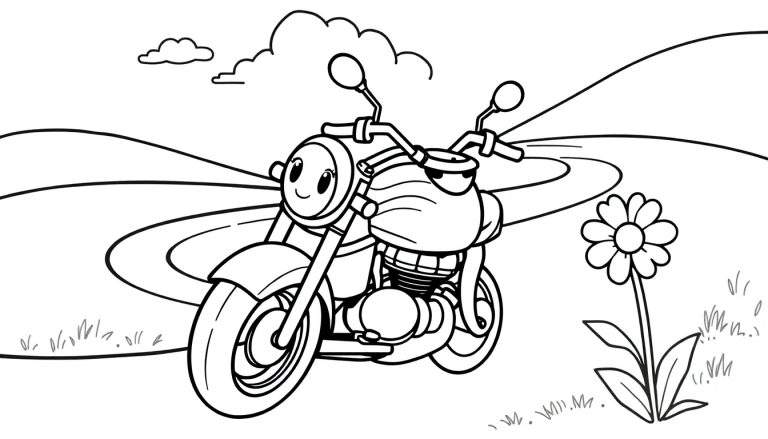 Motocicleta de dibujos animados amigable en una carretera con flores, lista para ser coloreada en la placa.