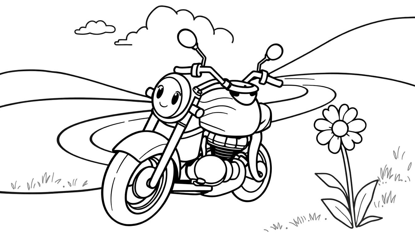 Motocicleta de dibujos animados amigable en una carretera con flores, lista para ser coloreada en la placa.
