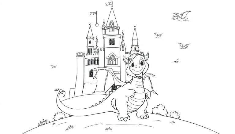 Placa de color de un dragón sonriente con corona y un castillo.