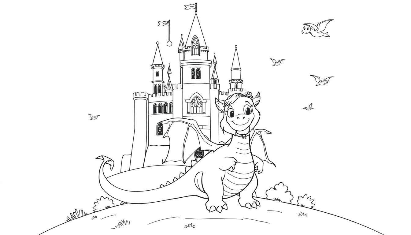 Placa de color de un dragón sonriente con corona y un castillo.