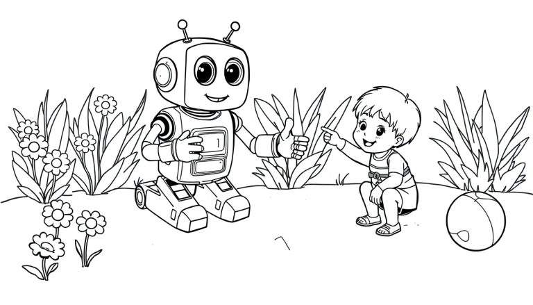 Un niño y un robot interactuando en un jardín, página para colorear en blanco y negro de una placa de color.