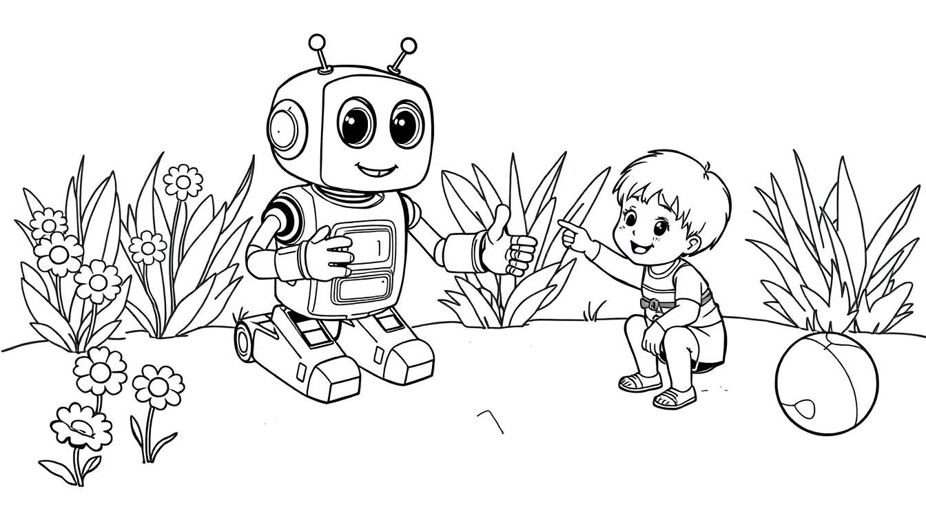 Un niño y un robot interactuando en un jardín, página para colorear en blanco y negro de una placa de color.