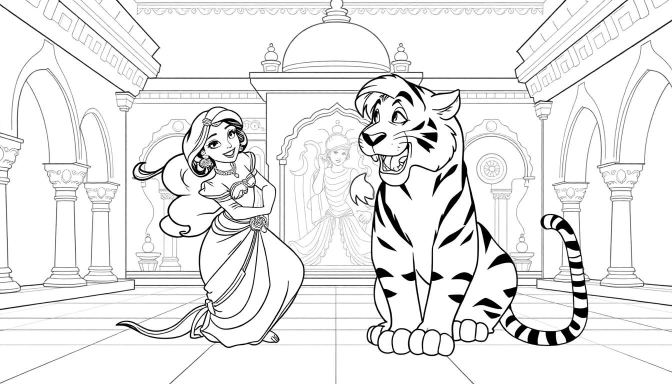 Placa de color de la Princesa Jasmine y Rajah en un palacio.