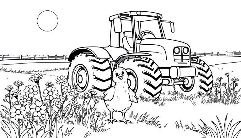 Placa de color de un pollito feliz junto a un tractor en una granja.