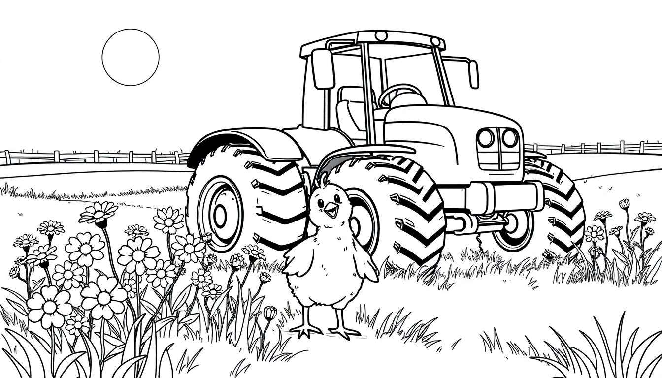Placa de color de un pollito feliz junto a un tractor en una granja.