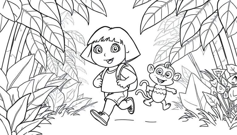 Dora la Exploradora y Botas el mono corriendo felices en la jungla, listo para colorear en una placa de color.