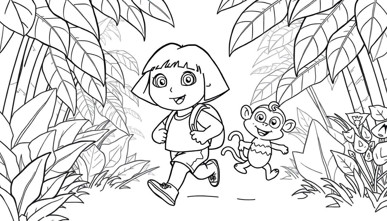 Dora la Exploradora y Botas el mono corriendo felices en la jungla, listo para colorear en una placa de color.