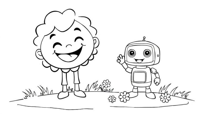 Placa de color de un niño y un robot sonriendo en un campo de hierba y flores.