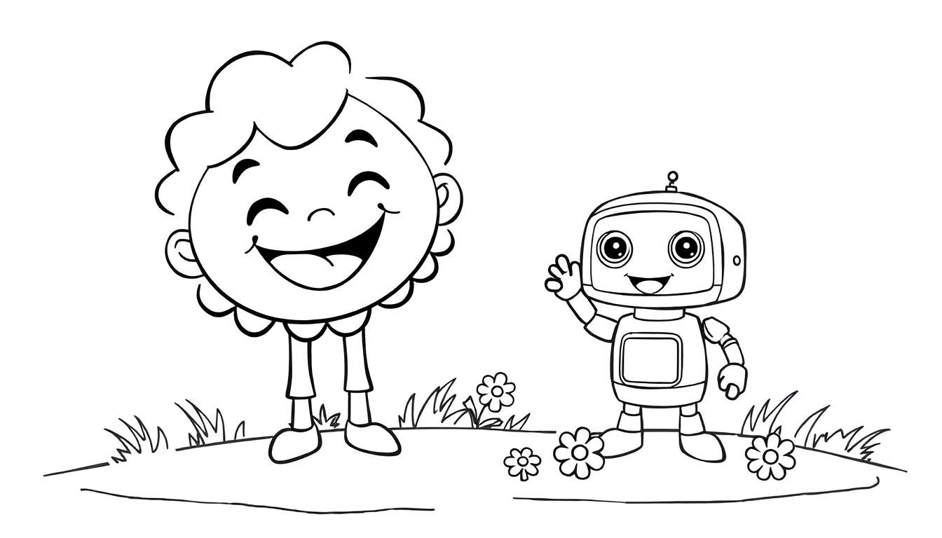 Placa de color de un niño y un robot sonriendo en un campo de hierba y flores.