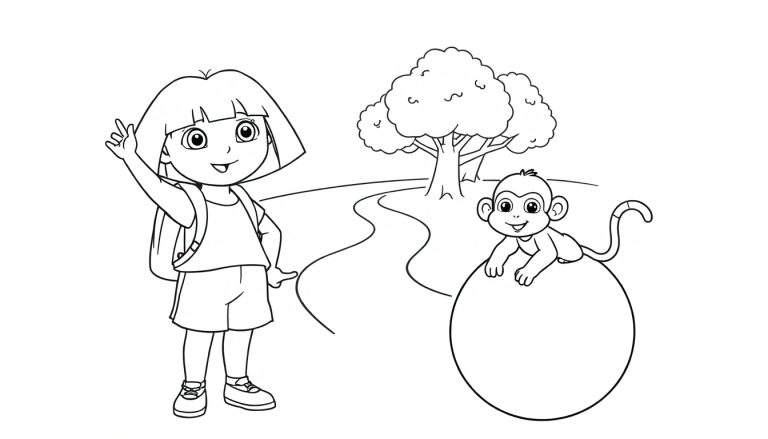 Placa de color de Dora la Exploradora saludando cerca de un mono en una bola y un árbol.