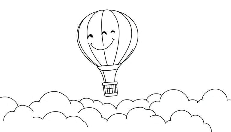 Globo aerostático amigable en la placa de color con cara sonriente sobre nubes, listo para colorear.