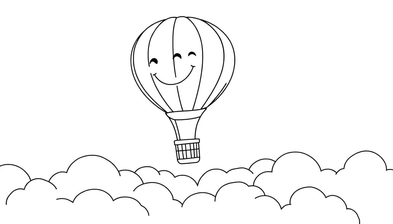 Globo aerostático amigable en la placa de color con cara sonriente sobre nubes, listo para colorear.