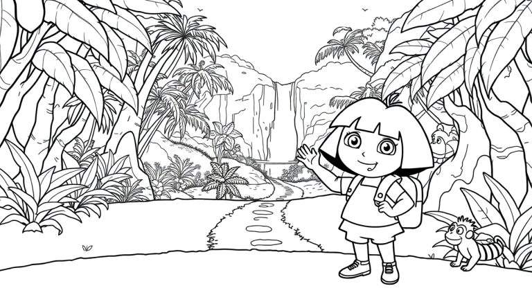 Placa de color de Dora la Exploradora y Botas en una selva con cascada.