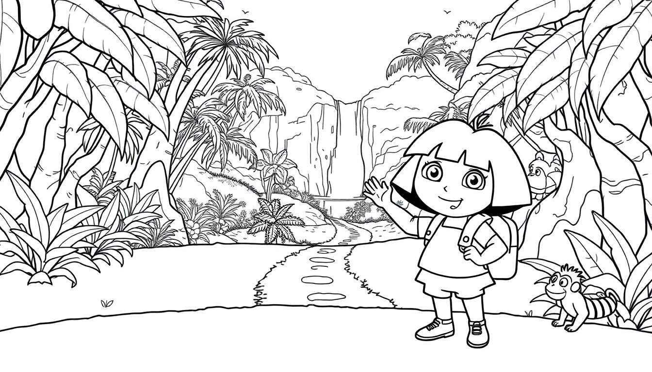 Placa de color de Dora la Exploradora y Botas en una selva con cascada.