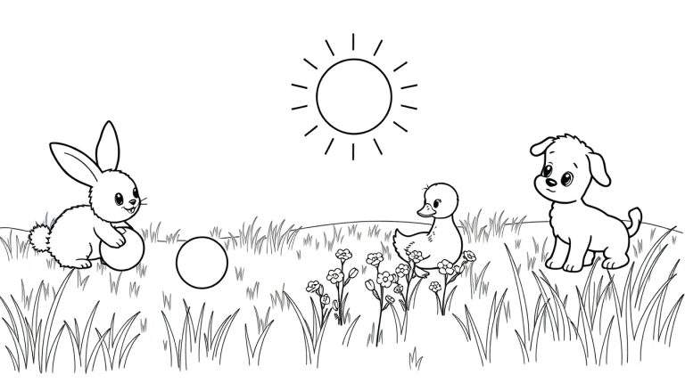 Una página para colorear en blanco y negro con un conejo, un patito y un cachorro jugando bajo un sol brillante.