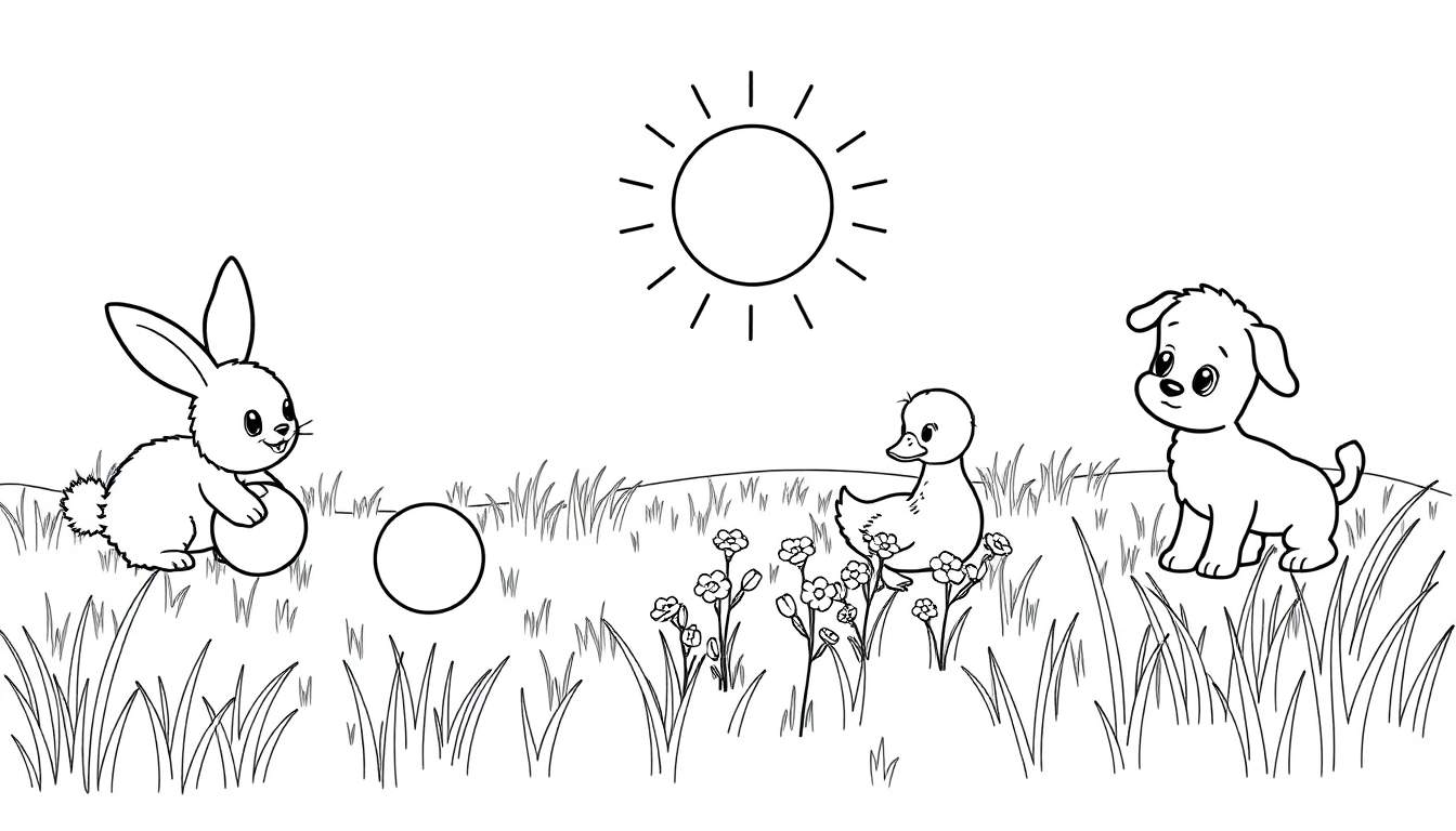 Una página para colorear en blanco y negro con un conejo, un patito y un cachorro jugando bajo un sol brillante.