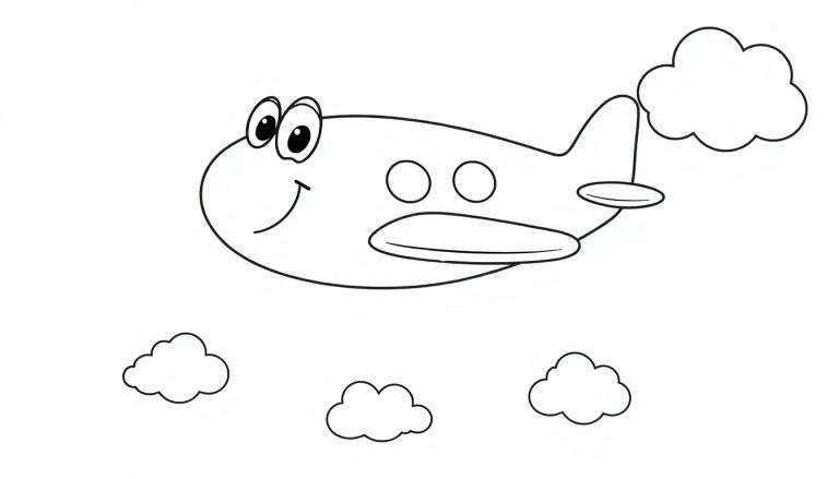Un avión de dibujos animados sonriente volando entre nubes, con contorno negro y sin relleno para colorear.