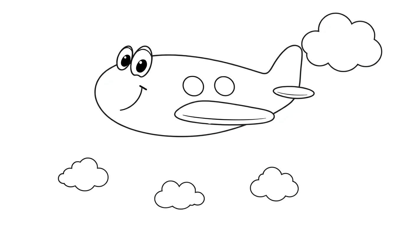Un avión de dibujos animados sonriente volando entre nubes, con contorno negro y sin relleno para colorear.